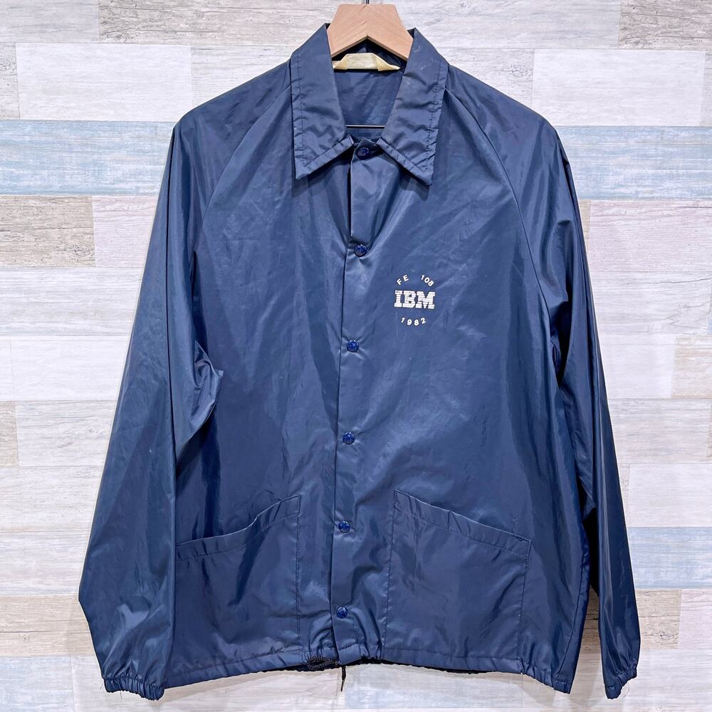 Vintage 80s IBM Employee Windbreaker Rain Jacket Navy Blue Snap Button Mens XL